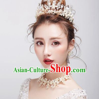 Top Grade Handmade Classical Hair Accessories Baroque Style Princess Crystal Royal Crown and Necklace Earrings Complete Set