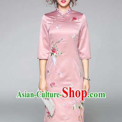 Asian Chinese Oriental Costumes Pink Plated Buttons Cheongsam, Traditional China National Embroidery Chirpaur Dress for Women