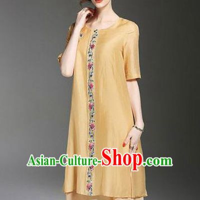 Asian Chinese Oriental Costumes Classical Embroidery Yellow Chiffon Dress, Traditional China National Tang Suit Qipao Dress for Women