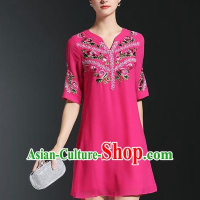 Asian Chinese Oriental Costumes Classical Embroidery Rosy Chiffon Short Dress, Traditional China National Tang Suit Qipao Dress for Women
