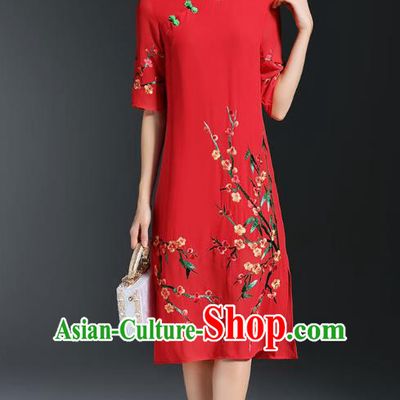 Asian Chinese Oriental Costumes Classical Embroidery Plum Blossom Red Cheongsam, Traditional China National Chirpaur Tang Suit Qipao Dress for Women