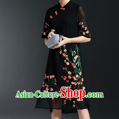 Asian Chinese Oriental Costumes Classical Embroidery Plum Blossom Black Cheongsam, Traditional China National Chirpaur Tang Suit Qipao Dress for Women