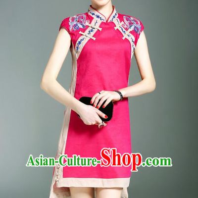 Asian Chinese Oriental Costumes Classical Double-Breasted Embroidery Rosy Cheongsam, Traditional China National Chirpaur Tang Suit Qipao Dress for Women