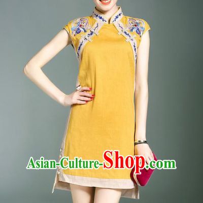 Asian Chinese Oriental Costumes Classical Double-Breasted Embroidery Yellow Cheongsam, Traditional China National Chirpaur Tang Suit Qipao Dress for Women