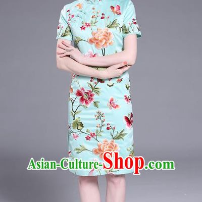 Asian Chinese Oriental Costumes Classical Slant Opening Embroidery Peony Blue Cheongsam, Traditional China National Chirpaur Tang Suit Qipao Dress for Women
