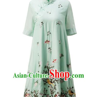 Asian Chinese Oriental Costumes Classical Slant Opening Embroidery Green Cheongsam, Traditional China National Chirpaur Tang Suit Plated Buttons Qipao Dress for Women