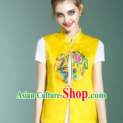 Asian Chinese Oriental Costumes Classical Palace Embroidery Yellow Vest, Traditional China National Chirpaur Tang Suit Plated Buttons Waistcoat for Women