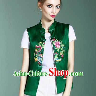 Asian Chinese Oriental Costumes Classical Palace Embroidery Green Vest, Traditional China National Chirpaur Tang Suit Plated Buttons Waistcoat for Women