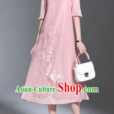 Asian Chinese Oriental Costumes Classical Palace Embroidery Pink Cheongsam, Traditional China National Chirpaur Tang Suit Plated Buttons Qipao for Women