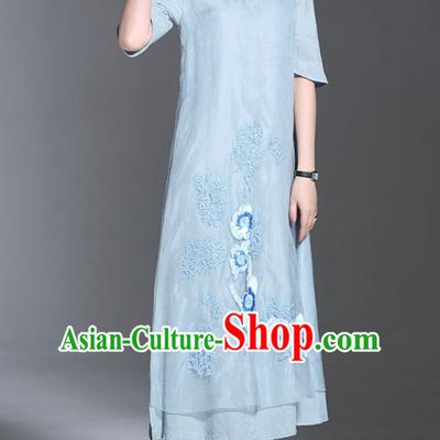 Asian Chinese Oriental Costumes Classical Palace Embroidery Blue Cheongsam, Traditional China National Chirpaur Tang Suit Plated Buttons Qipao for Women