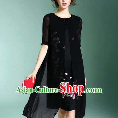 Asian Chinese Oriental Costumes Classical Palace Embroidery Black Silk Cheongsam, Traditional China National Chirpaur Tang Suit Plated Buttons Qipao for Women