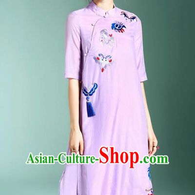 Asian Chinese Oriental Costumes Classical Palace Embroidery Purple Cheongsam, Traditional China National Chirpaur Tang Suit Plated Buttons Qipao for Women