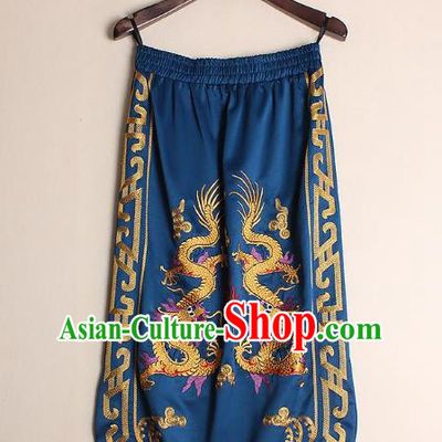 Asian Chinese Oriental Costumes Classical Embroidery Dragons Blue Skirts, Traditional China National Chirpaur Tang Suit Bust Skirt for Women