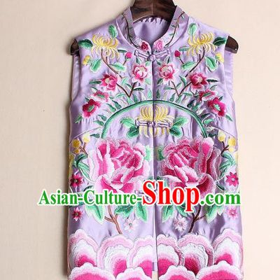 Asian Chinese Oriental Costumes Classical Palace Embroidery Peony Pink Vest, Traditional China National Chirpaur Tang Suit Plated Buttons Waistcoat for Women
