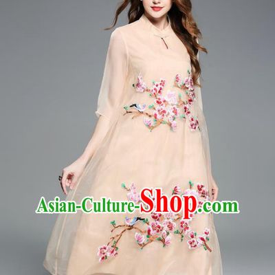 Asian Chinese Oriental Costumes Classical Embroidery Apricot Silk Cheongsam, Traditional China National Chirpaur Tang Suit Plated Buttons Qipao for Women
