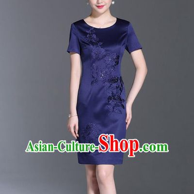 Asian Chinese Oriental Costumes Classical Embroidery Royalblue Silk Dresses, Traditional China National Chirpaur Tang Suit Qipao for Women