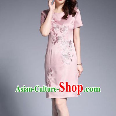 Asian Chinese Oriental Costumes Classical Embroidery Pink Silk Dresses, Traditional China National Chirpaur Tang Suit Qipao for Women