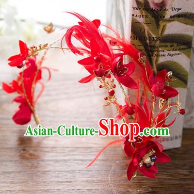 Top Grade Handmade Classical Hair Accessories Baroque Style Princess Red Feather Flower Hair Clasp Headwear for Women