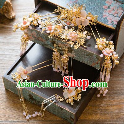 Aisan Chinese Handmade Classical Hair Accessories Pink Flowers Phoenix Coronet Complete Set, China Xiuhe Suit Hairpins Wedding Headwear for Women