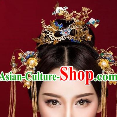 Aisan Chinese Handmade Classical Hair Accessories Blueing Phoenix Coronet Complete Set, China Xiuhe Suit Tassel Hairpins Wedding Headwear for Women