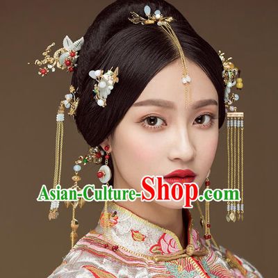 Aisan Chinese Handmade Classical Hair Accessories Hair Comb Complete Set, China Xiuhe Suit Tassel Step Shake Hairpins Wedding Headwear for Women