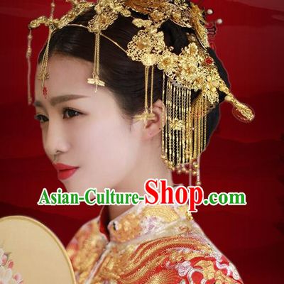 Aisan Chinese Handmade Classical Hair Accessories Golden Butterfly Phoenix Coronet Complete Set, China Xiuhe Suit Tassel Hairpins Wedding Headwear for Women