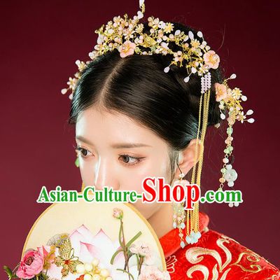 Aisan Chinese Handmade Classical Hair Accessories Complete Set, China Xiuhe Suit Hairpins Pink Flowers Wedding Headwear for Women