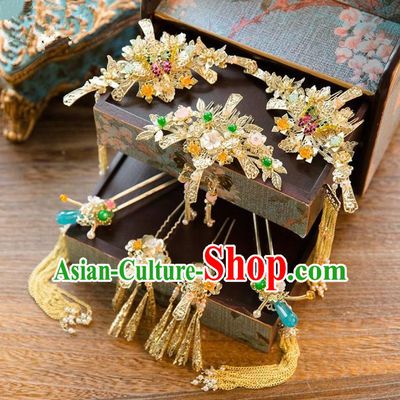 Aisan Chinese Handmade Classical Hair Accessories Blue Jade Hair Comb Complete Set, China Xiuhe Suit Tassel Step Shake Hairpins Wedding Headwear for Women