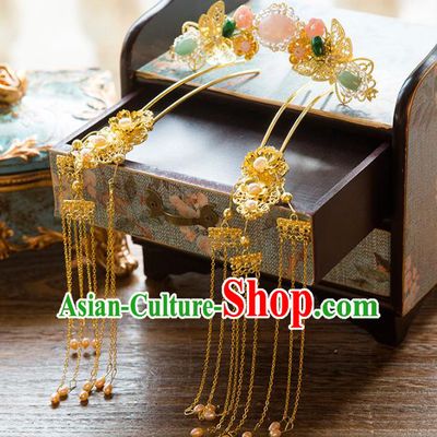 Aisan Chinese Handmade Classical Hair Accessories Jade Hair Comb Complete Set, China Xiuhe Suit Tassel Step Shake Hairpins Wedding Headwear for Women