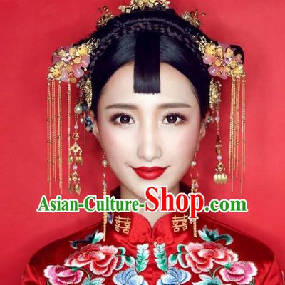 Aisan Chinese Handmade Classical Bride Hair Accessories Complete Set, China Xiuhe Suit Pink Flowers Hairpins Wedding Headwear for Women