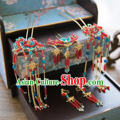 Aisan Chinese Handmade Classical Bride Hair Accessories Complete Set, China Xiuhe Suit Red Beads Tassel Hairpins Wedding Headwear for Women