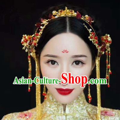 Aisan Chinese Handmade Classical Hair Accessories Red Beads Phoenix Coronet Complete Set, China Xiuhe Suit Hairpins Wedding Headwear for Women