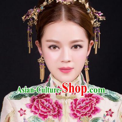 Aisan Chinese Handmade Classical Hair Accessories Purple Jade Phoenix Coronet Complete Set, China Xiuhe Suit Hairpins Wedding Headwear for Women
