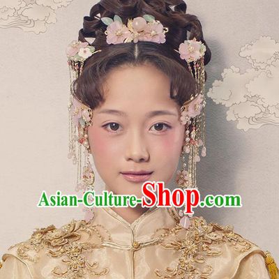 Aisan Chinese Handmade Classical Hair Accessories Pink Flowers Tassel Step Shake Complete Set, China Xiuhe Suit Hairpins Wedding Headwear for Women