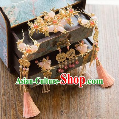Aisan Chinese Handmade Classical Hair Accessories Pink Tassel Phoenix Coronet Complete Set, China Xiuhe Suit Hairpins Wedding Headwear for Women