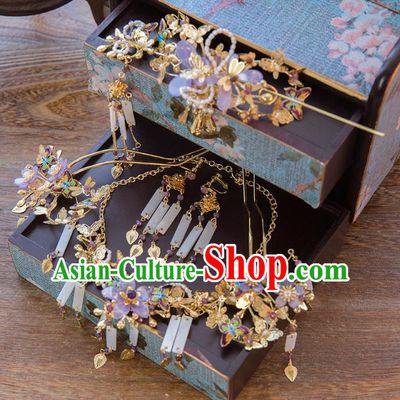 Aisan Chinese Handmade Classical Bride Hair Accessories Hanfu Tassel Necklace and Step Shake, China Xiuhe Suit Hairpins Wedding Headwear for Women