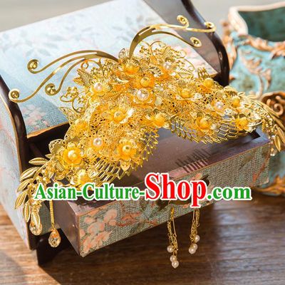 Aisan Chinese Handmade Classical Hair Accessories Golden Phoenix Coronet, China Xiuhe Suit Hairpins Wedding Headwear for Women