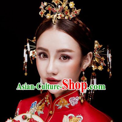 Aisan Chinese Handmade Classical Hair Accessories Red Butterfly Phoenix Coronet Complete Set, China Xiuhe Suit Hairpins Wedding Headwear for Women