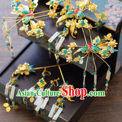 Aisan Chinese Handmade Classical Hair Accessories Green Butterfly Phoenix Coronet Complete Set, China Xiuhe Suit Hairpins Wedding Headwear for Women