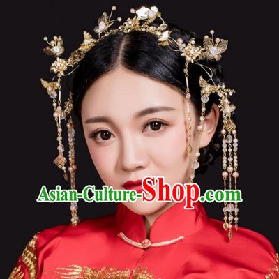 Aisan Chinese Handmade Classical Hair Accessories Golden Butterfly Phoenix Coronet Complete Set, China Xiuhe Suit Hairpins Wedding Headwear for Women