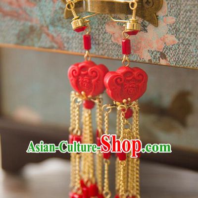 Top Grade Handmade Classical Hair Accessories Hanfu Red Earrings, Chinese Princess Eardrop for Women