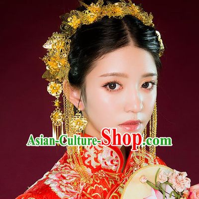 Aisan Chinese Handmade Classical Hair Accessories Golden Phoenix Coronet Complete Set, China Xiuhe Suit Hairpins Wedding Headwear for Women