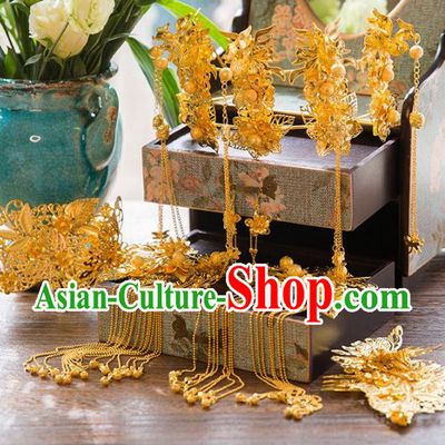 Aisan Chinese Handmade Classical Hair Accessories Golden Butterfly Phoenix Coronet Complete Set, China Xiuhe Suit Hairpins Wedding Headwear for Women