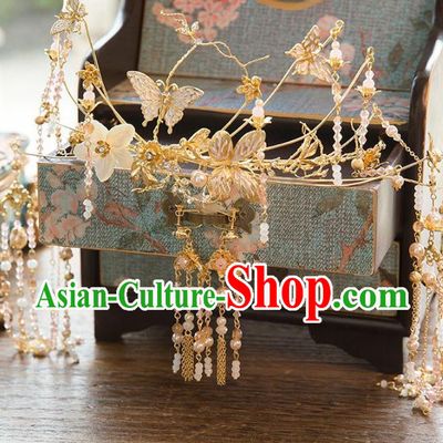 Aisan Chinese Handmade Classical Hair Accessories Tassel Butterfly Phoenix Coronet, China Xiuhe Suit Hairpins Wedding Headwear for Women