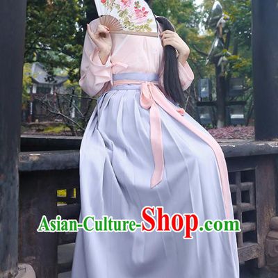 Asian Chinese Oriental Hanfu Costumes Embroidered Pink Blouse and Skirt, Traditional China Han Dynasty Embroidery Clothing for Women
