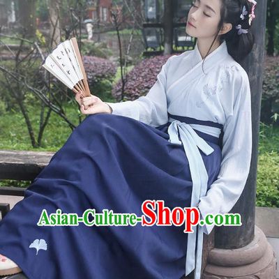 Asian Chinese Oriental Hanfu Costumes Embroidered Blouse and Navy Skirt, Traditional China Han Dynasty Embroidery Clothing for Women