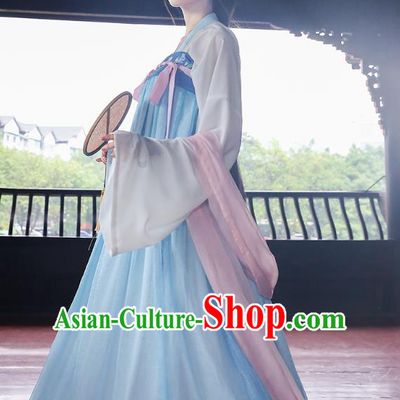Asian Chinese Oriental Hanfu Costumes Embroidered Blouse and Blue Slip Skirt, Traditional China Tang Dynasty Embroidery Clothing for Women