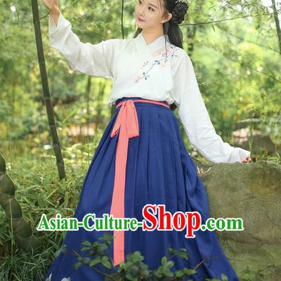 Asian Chinese Oriental Hanfu Costumes Han Dynasty Embroidered Blouse and Slip Skirts, Traditional China Ancient Princess Embroidery Clothing for Women