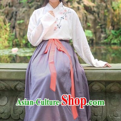 Asian Chinese Oriental Hanfu Costumes Han Dynasty Embroidered Blouse and Grey Slip Skirts, Traditional China Ancient Princess Embroidery Clothing for Women
