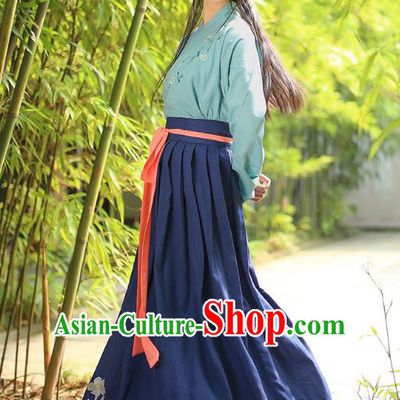 Asian Chinese Hanfu Costumes Han Dynasty Embroidered Green Blouse and Grey Slip Skirts Complete Set for Women